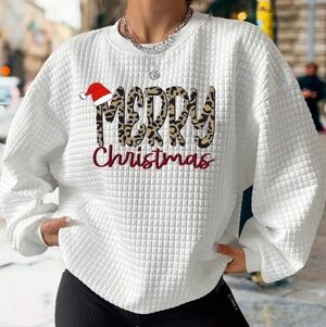 White "Merry Christmas" Leopard Print Quilted Sweatshirt